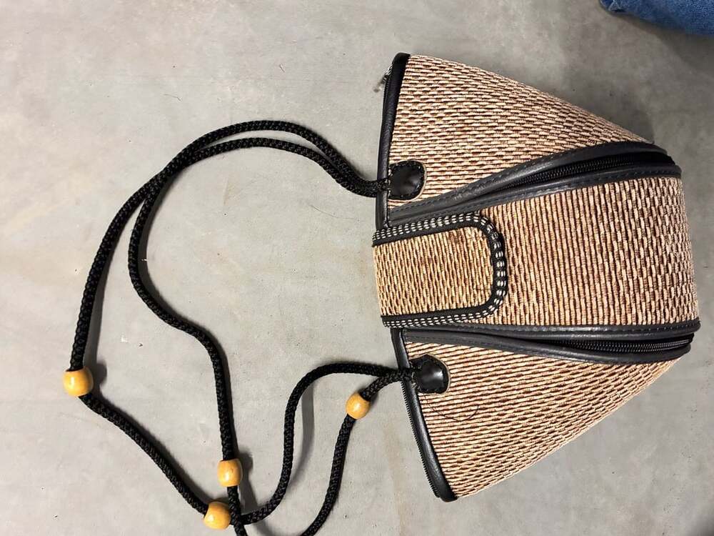 Straw Woven Geometric Purse Handbag with Black Trim and Wooden Beads